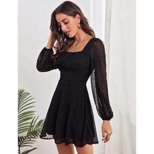 Women's Polka Swiss Dots Mesh Square Neck Lantern Bishop Sleeve Chiffon Dress